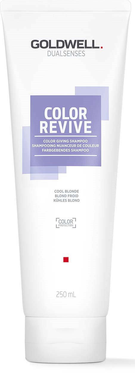 Goldwell sjampo-flaske merket 'Color Revive' for blondt hår, 250 ml. Hvit og lilla emballasje.