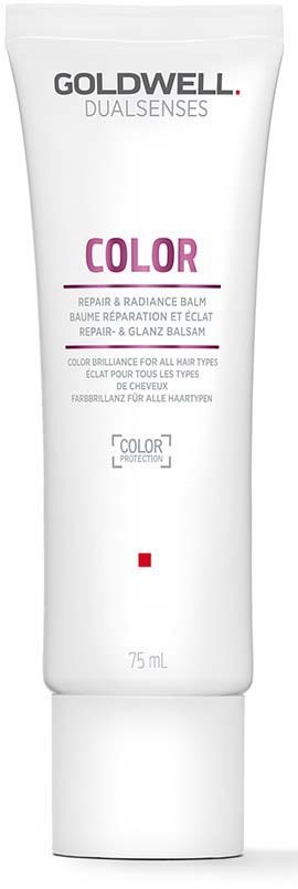 En vit tub med svart, rosa och grå text, märkt Goldwell Dualsenses Color Repair Balm, 75 ml storlek.