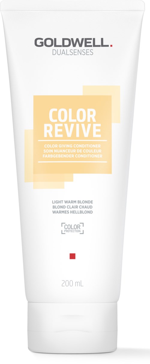 Eine weiße Tube Goldwell Color Revive Conditioner für blondes Haar mit gelben und roten Akzenten, 200 mL.