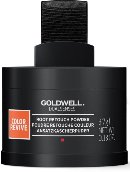 En svart behållare med Goldwell root retouch-puder och en borste på toppen, används för hårfärgning.