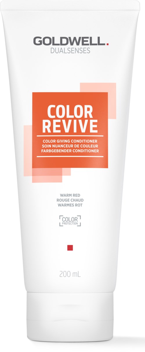 Eine weiße Tube mit Goldwell Dualsenses Color Revive Haarconditioner, genannt Warm Red, 200 mL. Einfaches Design mit orange und roten Elementen.