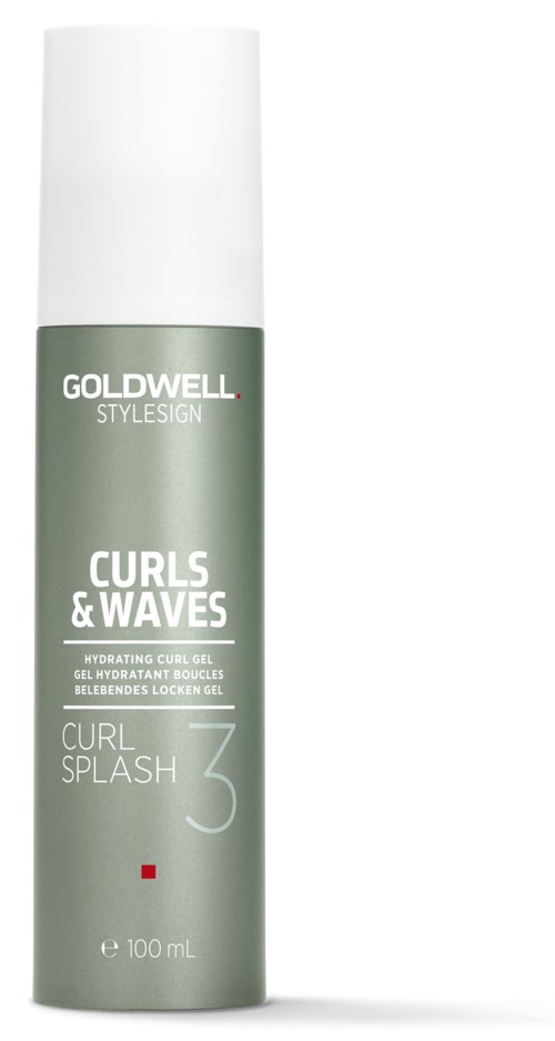 A green and white can of Goldwell Curl Splash 3 hydrating gel for curls and waves.