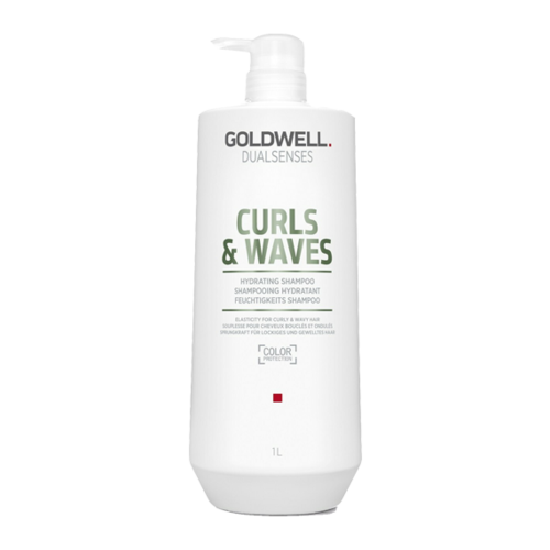 En hvit flaske med Goldwell Curl & Waves-sjampo med pumpe, merket for krøllet hårpleie.