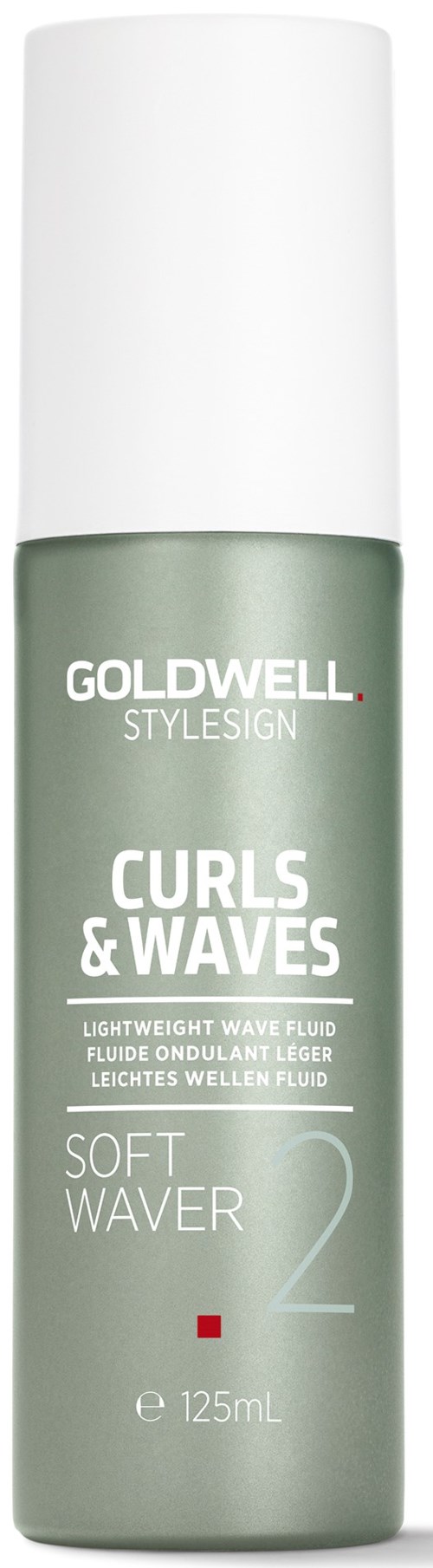 En grön flaska från Goldwell Curls & Waves soft waver för vågigt hår, 125 ml med vit kork.