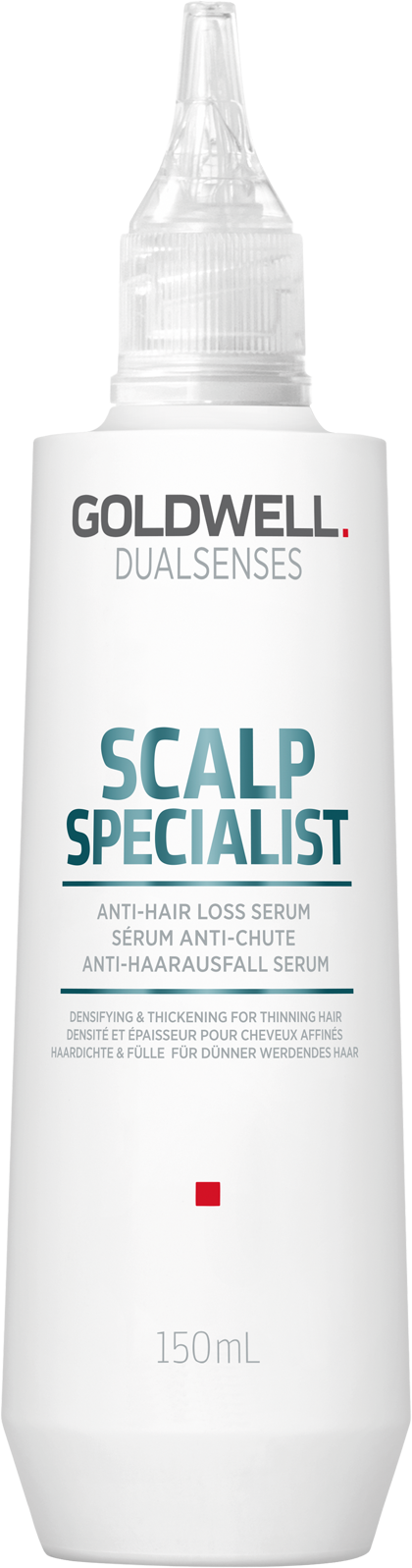 En hvit flaske med spiss tut, merket 'Goldwell Dualsenses Scalp Specialist' for hårpleie, 150 ml.