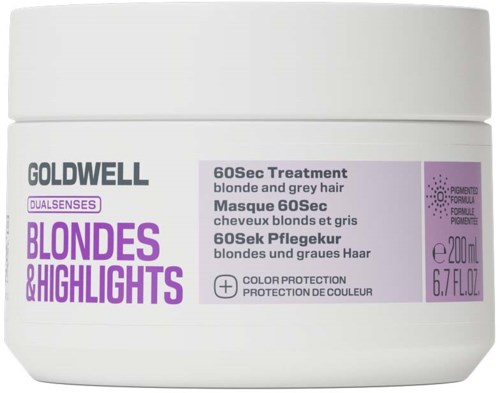 Goldwell Dualsenses Blond & Highlights Behandlung in einem weißen Behälter mit lila Etikett, 200 ml.