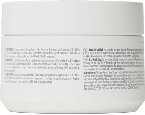 Weiße Dose mit Haar- oder Hautpflegecreme, detaillierte Anweisungen und Zutatenliste in mehreren Sprachen.