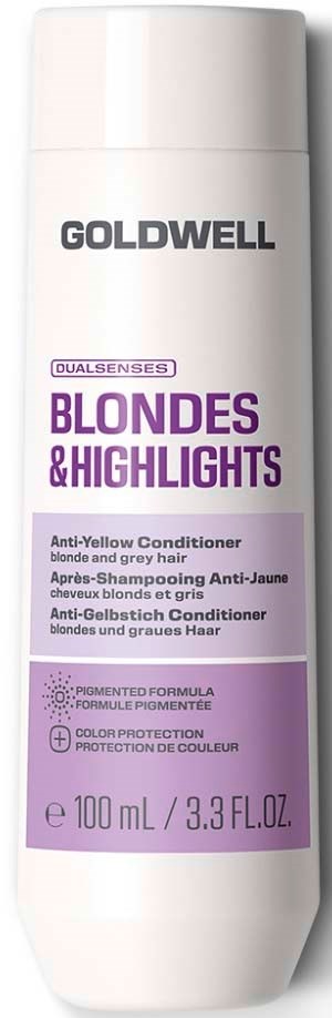 Goldwell blondes and highlights anti-yellow conditioner flaska med lila etikett och vitt lock.