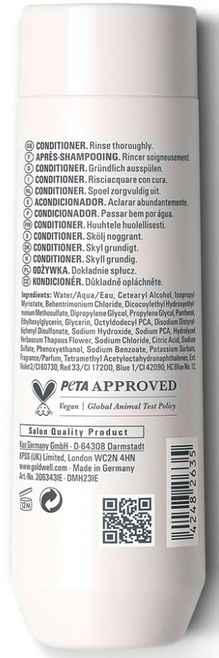 Baksidan av en vit flaska med text om hårbalsam och ingredienser på flera språk.