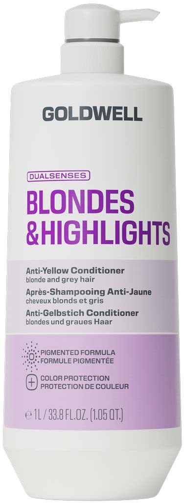 Goldwell balsam för blonda och highlights med lila och vit etikett.