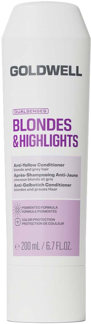 Vit flaska med Goldwell blondes and highlights anti-yellow balsam med lila etikett och svart text.