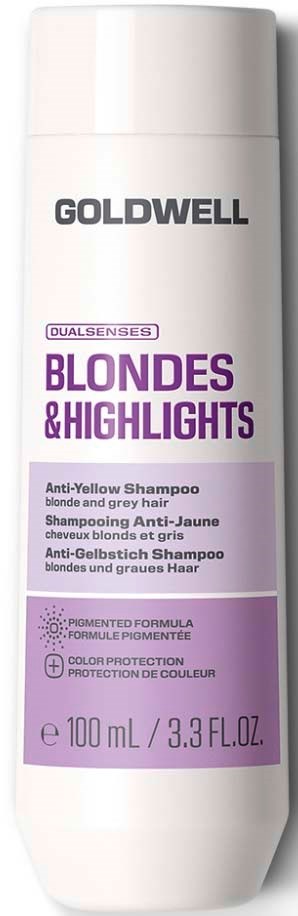 Goldwell-schampoflaska för blont och grått hår med lila och vit etikett.