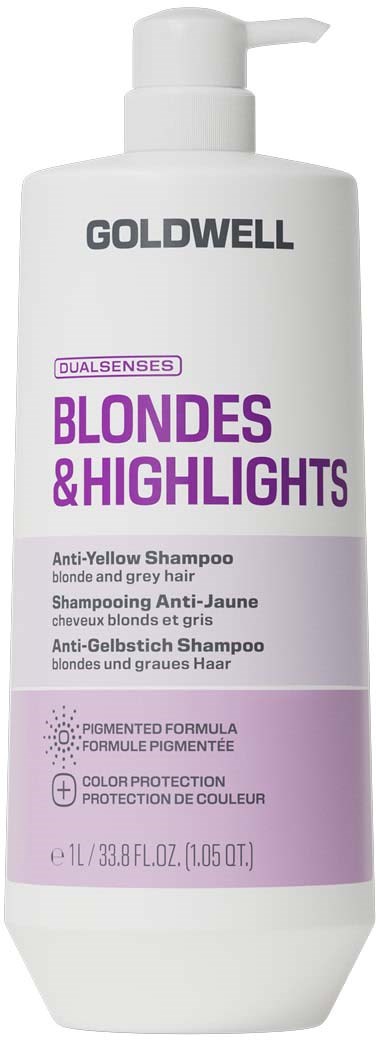 Vit shampooflaska med lila och grå text för Goldwell blondiner och highlighters anti-gul hårschampo.