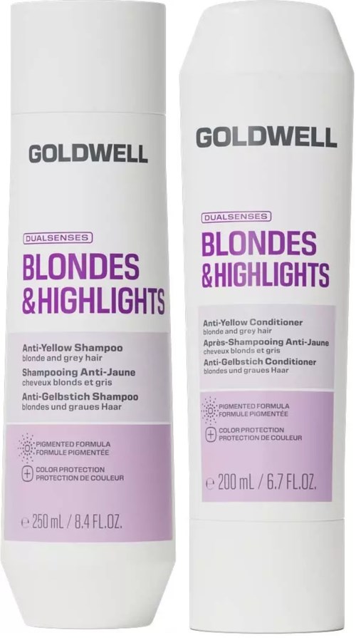 Två vita flaskor av Goldwell blondes och highlights schampo och balsam med lila och svarta etiketter.