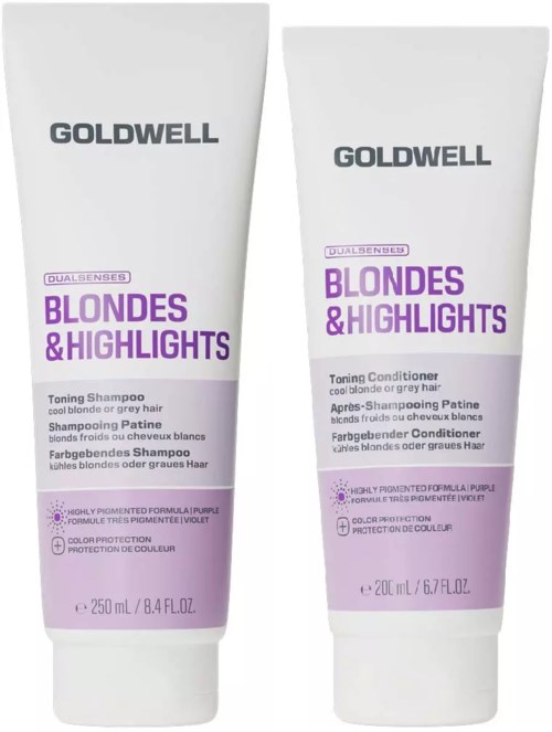 Två långa vita tuber med Goldwell Blond & Highlights hårprodukter, en för schampo och en för balsam, med lila etiketter.
