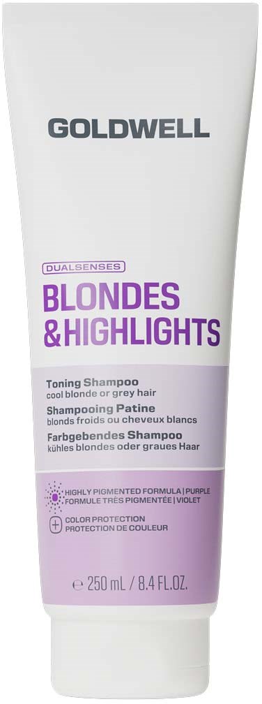 Goldwell Dual Senses Blondes & Highlights Toning Shampoo för blont och grått hår, 250 ml flaska.