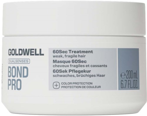 Ein weißer Behälter mit Goldwell Bond Pro 60Sec Behandlung für schwaches, brüchiges Haar, mit Produktbeschreibung auf dem Etikett.