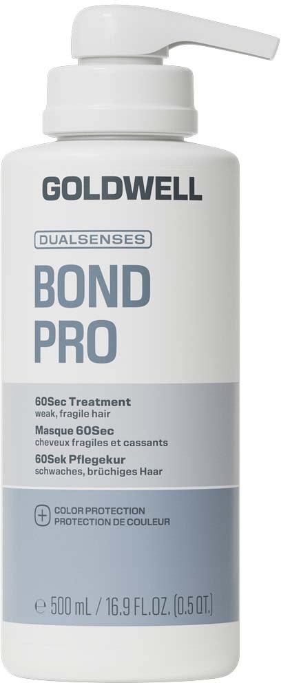 Eine weiße Flasche mit Goldwell Bond Pro Behandlung mit Pump spender, für schwaches, fragiles Haar. Auf dem Etikett stehen blaue und schwarze Texte.
