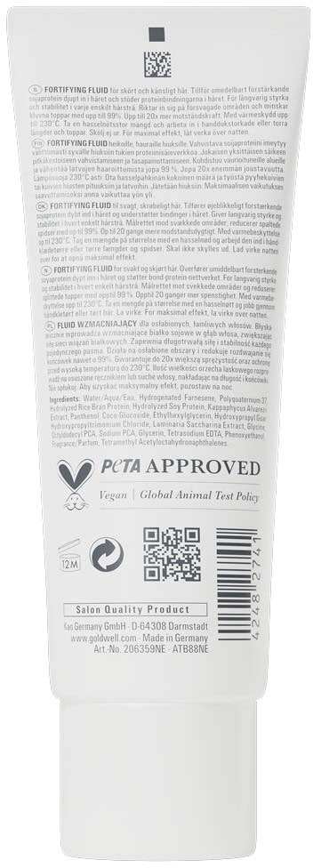 Rückseite einer weißen Tube mit kleinem Text, PETA-Logo, QR-Code, Barcode und Zertifizierungszeichen.