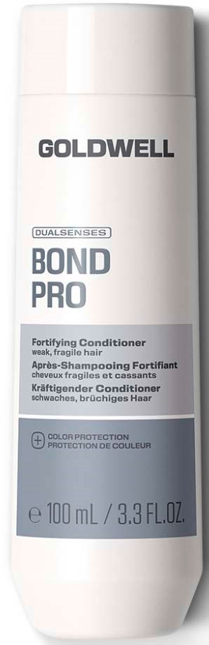 En vit flaska av Goldwell Bond Pro stärkande balsam för svagt, skört hår, med grå och svart text på etiketten.