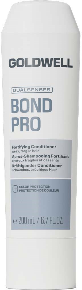 Flaska med Goldwell Dual Senses Bond Pro stärkande balsam, vit och ljusblå förpackning, 200 ml.