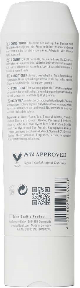 Baksidan av en vit flaska med produktinformation, streckkod, QR-kod och PETA-godkännandemärke.
