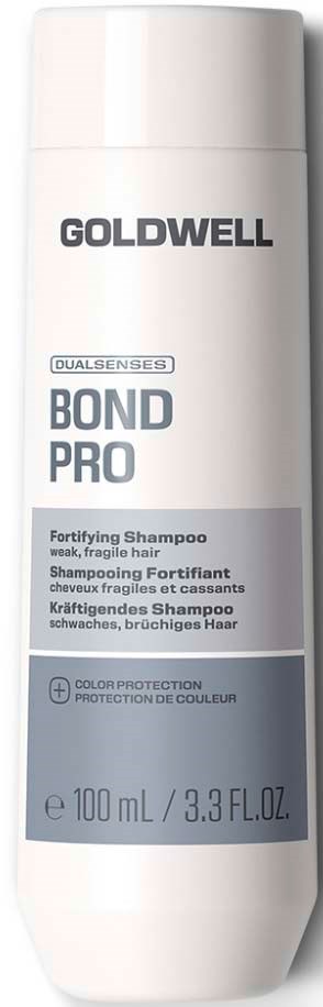Vit flaska av Goldwell Bond Pro Fortifying Shampoo för svagt, skört hår med grå etikett som visar produktnamn och detaljer.