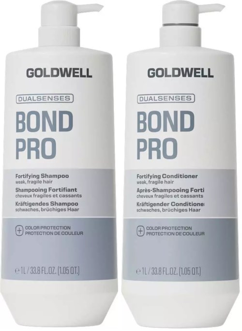 Två vita flaskor av Goldwell Bond Pro Förtätande schampo och balsam med grå och blå etiketter.