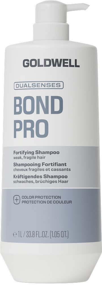 En vit flaska av Goldwell Dualsenses Bond Pro förstyvande schampo med en pumpfunktion.