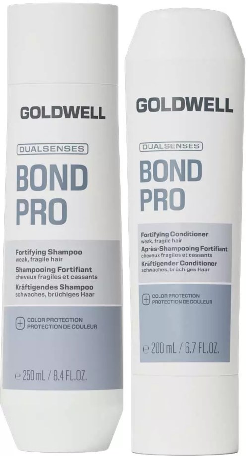 Två vita flaskor med Goldwell Bond Pro schampo och balsam med blå och svarta etiketter, 250 ml vardera.