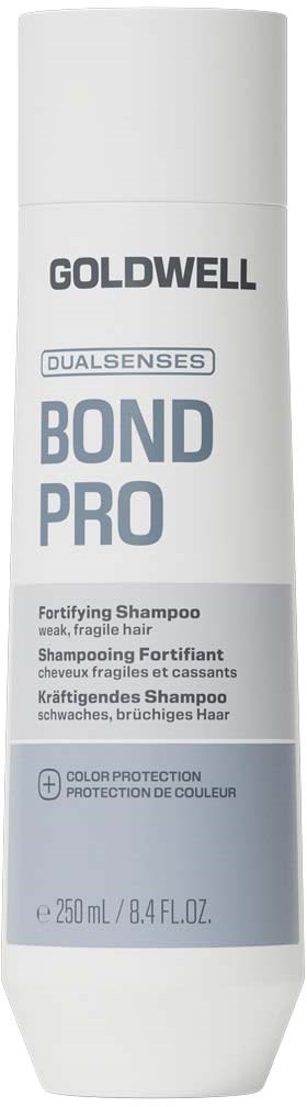 En vit flaska av Goldwell Dualsenses Bond Pro stärka schampo för svaga, sköra hår med en grå etikett och text.