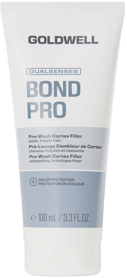 En hvid tube af Goldwell Bond Pro pre-wash med blå og sort tekst og logo, indeholder 100 ml produkt.