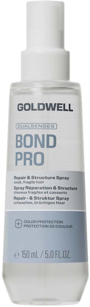Eine weiße Sprühflasche mit weißem Deckel mit Goldwell Bond Pro, Repair & Structure Spray, 150 ml.