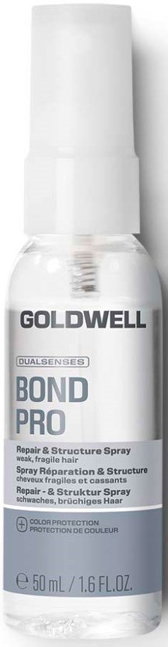 Eine klare Sprühflasche mit Goldwell Bond Pro Repair und Structure Spray für schwaches Haar, mit weißen und grauen Texten und Deckel.