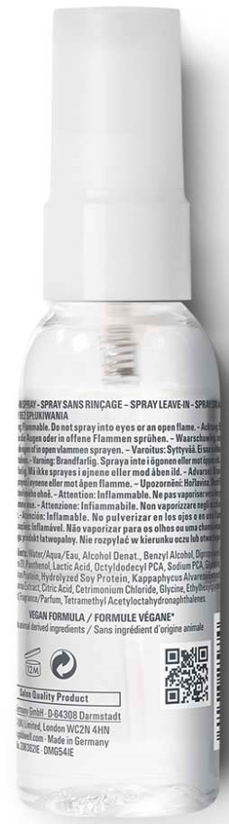 Kleine transparente Sprühflasche mit weißem Verschluss, Etiketten mit Text und QR-Code.
