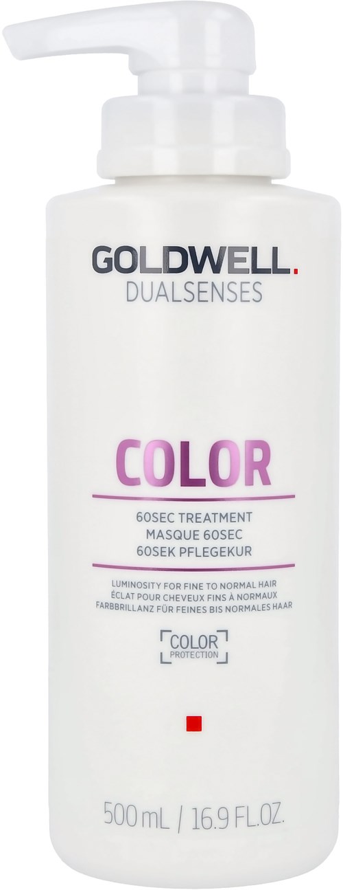 En hvit flaske med pumpe merket Goldwell Dualsenses Color, inneholder 500 ml hårbehandling.