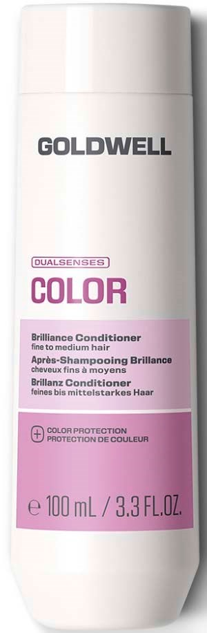 En vit flaska med Goldwell Dualsenses Color Brilliance Conditioner för mellanlångt hår, med rosa etikett och svart och rosa text.