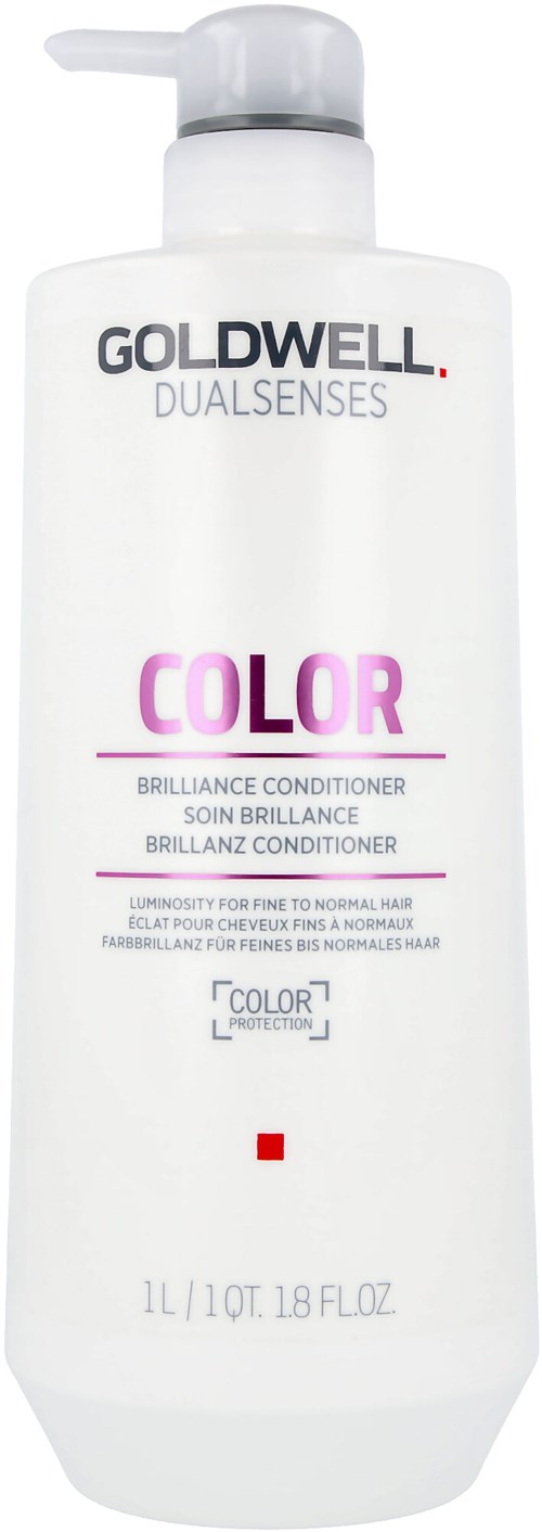 En hvit flaske med Goldwell Dualsenses Color balsam for normalt hår, med pumpe og rosa tekst.