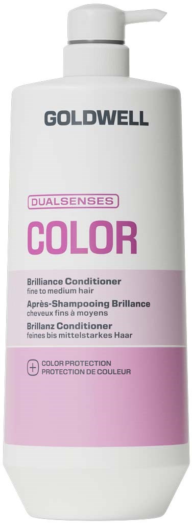 Goldwell Dualsenses Color brilliance balsamflaska med vit och rosa design och pumpdusch.