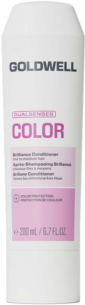 Goldwell Dualsenses Color Brilliance Conditioner flaska, vit med rosa och svart text, 200 ml.
