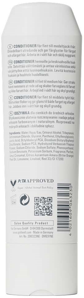 Baksidan av en vit flaska med text och streckkod som visar produktdetaljer, ingredienser och certifikat.