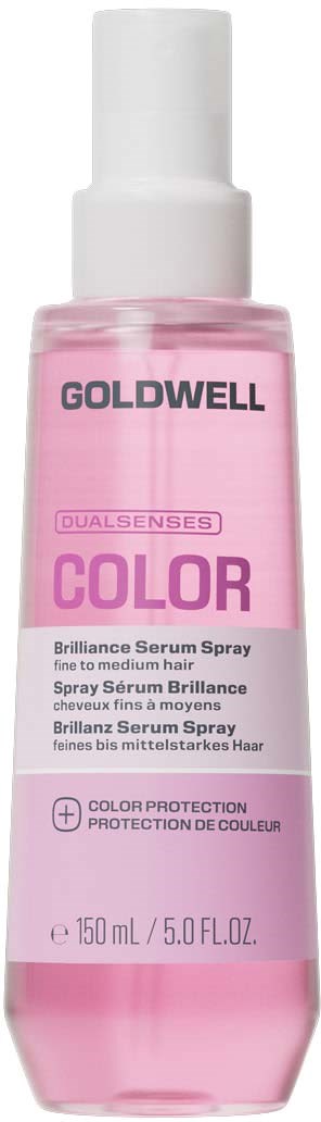 Pinkfarbene Sprühflasche mit Goldwell Dualsenses Farbschutz Brillanz Serum Spray für mittleres Haar.