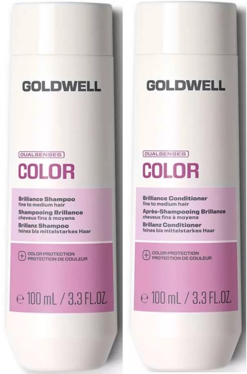 Två vita flaskor med Goldwell Color schampo och balsam med rosa etiketter för fint till medelhår.