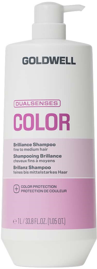 Goldwell Dualsenses Color brilliance schampo-flaska med rosa och vit etikett, text nämner färgbeskydd för mellan hår.