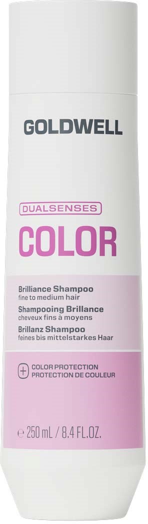 En vit flaska med Goldwell Dualsenses Color Brilliance Shampoo med rosa detaljer och svart och rosa text.