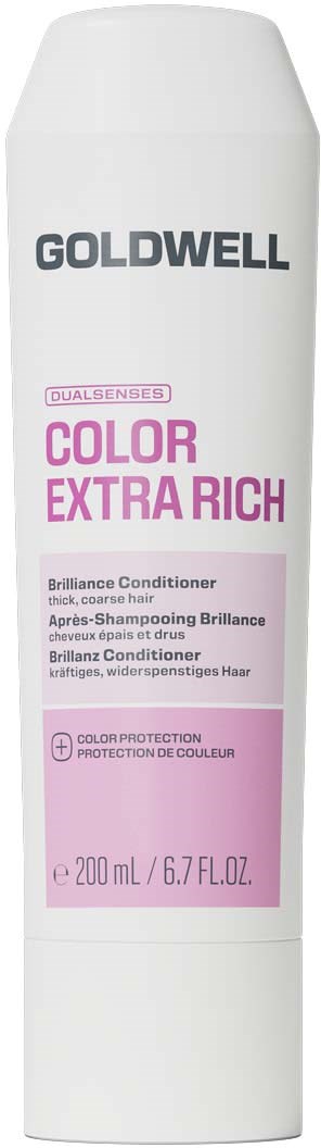 En vit flaska med Goldwell Color Extra Rich balsam med rosa etikett och svart text, 200 ml.