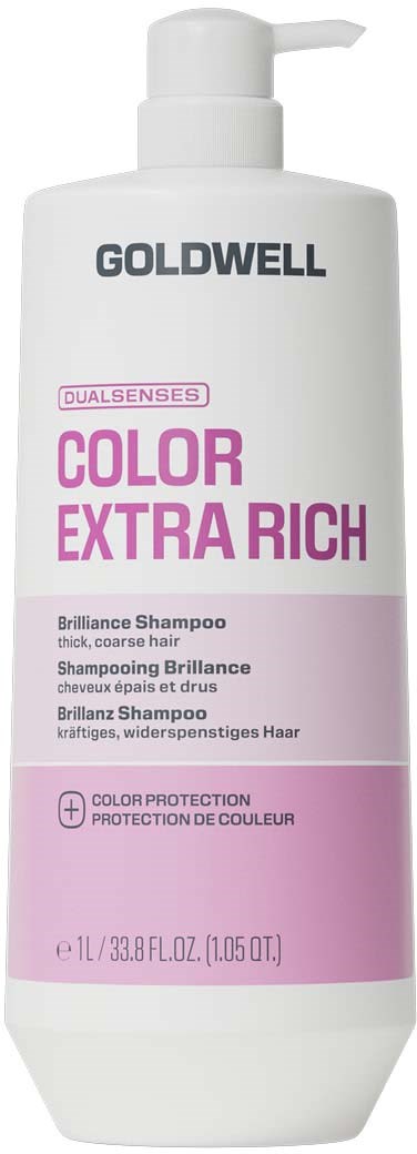 En vit schampoflaska med rosa och svart text, märkt Goldwell Color Extra Rich Brilliance Shampoo för tjockt hår.