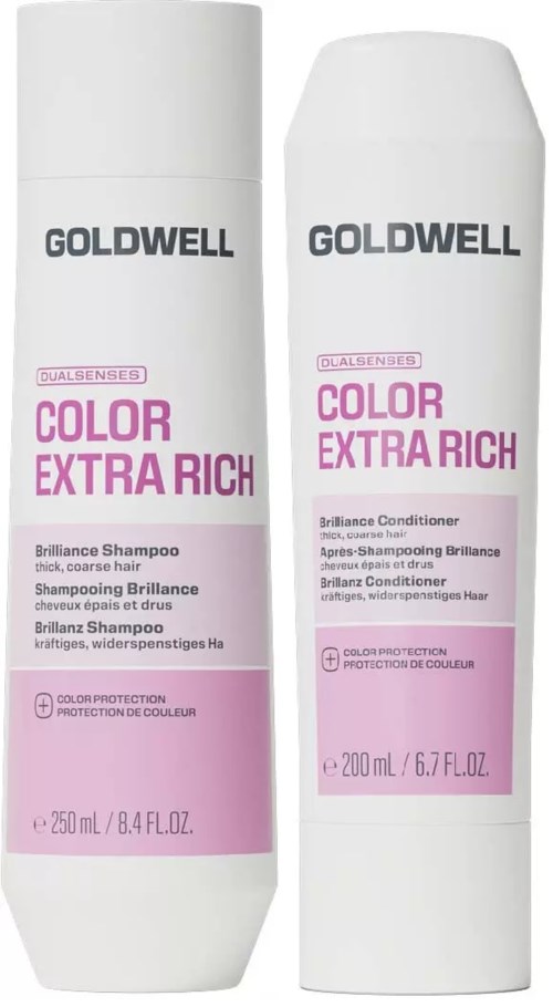 Två flaskor av Goldwell Color Extra Rich schampo och balsam, rosa och vita förpackningar, med produktnamn och beskrivningar.