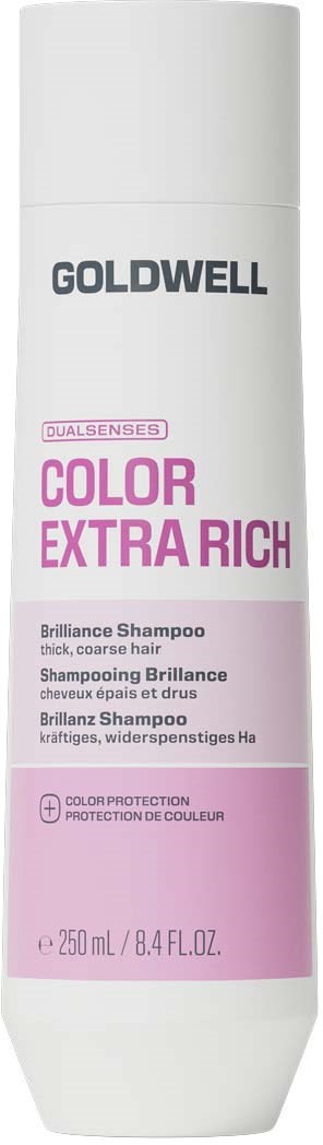 Goldwell schampoflaska med rosa etikett som visar färgbevarande och extra närande formel.