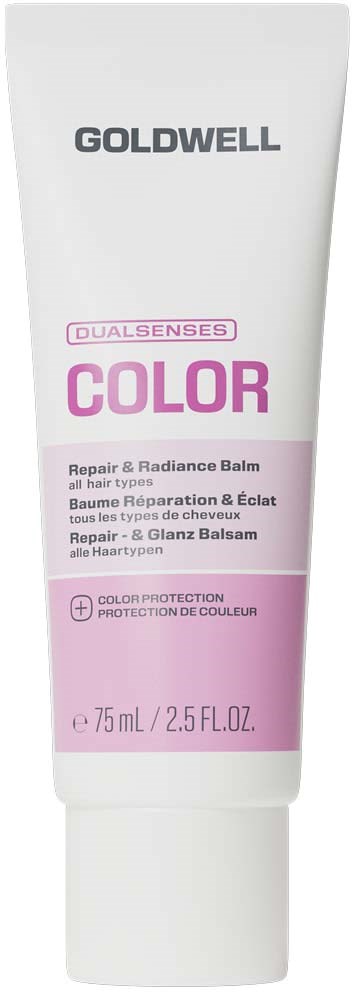 Weiße und pinke Tube mit Goldwell Dualsenses Color Repair und Radiance Balm für alle Haartypen.